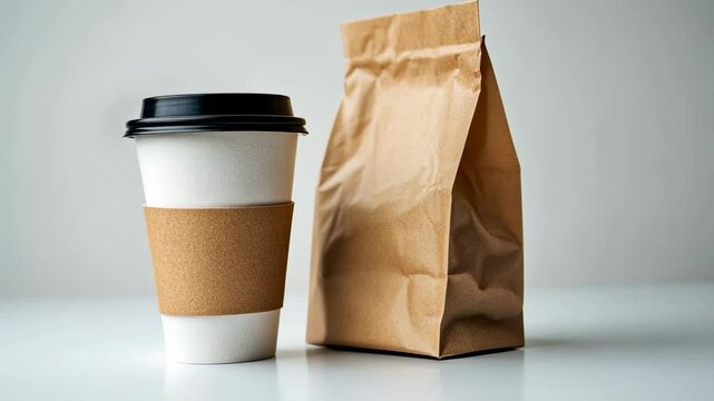 Coffee cup and paper bag on minimalist table: a chic cafe scene