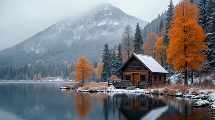 Fototapeta premium a cabin sits in the snow with a lake and mountains in the background.