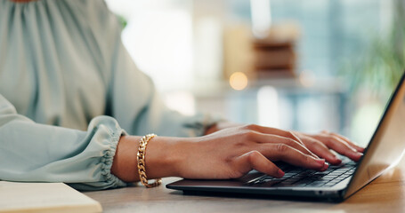 Business woman, laptop and hands with press release in office with digital job. Website, worker...