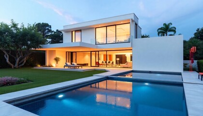 Fototapeta premium Modern villa with pool and lush garden, offering luxury suburban living