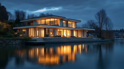 Modern lakefront house at night, illuminated windows reflecting in calm water.