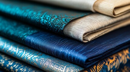 Stacks of natural textile materials arranged in a layered composition, highlighting their quality, textures, and a variety of colors.