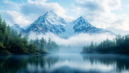 A calm mountain lake at sunrise reflects snowy peaks and lush forests, evoking peace and natural grandeur in a painterly style