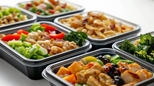 Vibrant meal prep containers with fresh vegetables and grilled chicken in motion