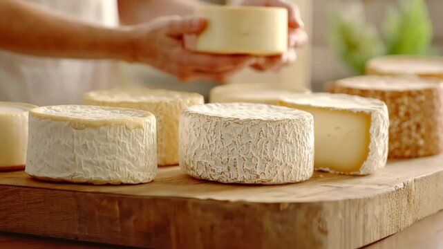 Artisan cheese display and selection on rustic board in natural light