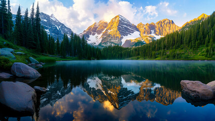 A calm mountain lake at sunrise reflects snowy peaks and lush forests, evoking peace and natural grandeur in a painterly style