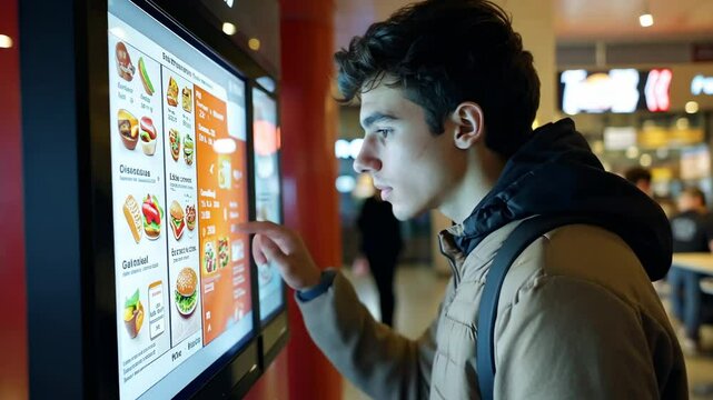 Young man interactively browsing fast food menu on digital screen at night