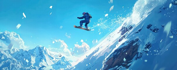 A snowboarder jumping against the blue sky, snow flying everywhere as they perform a gravity-defying trick