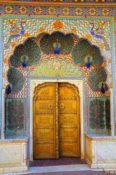 JAIPUR, INDIA-NOVEMBER 14: Peacock Gate in Pitam Niwas Chowk at Jaipur City Palace on November 14, 2014 in Jaipur, India. Palace was the seat of the Maharaja of Jaipur