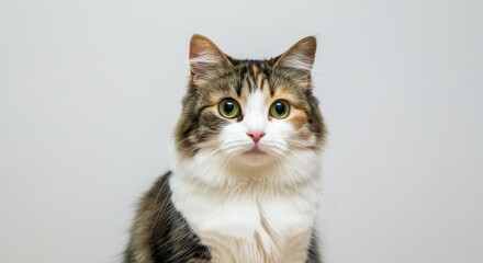 Obraz premium Fluffy calico cat staring against minimalist background for pet lovers and home decor
