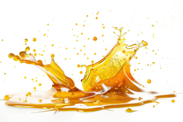 splash of yellow liquid with bubbles and droplets. honey or caramel spreads on a transparent background