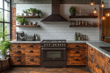 Rustic industrial kitchen with wood cabinets, exposed brick, and large window.