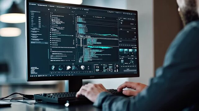 Analyzing cybersecurity data trends on dual monitors in modern office