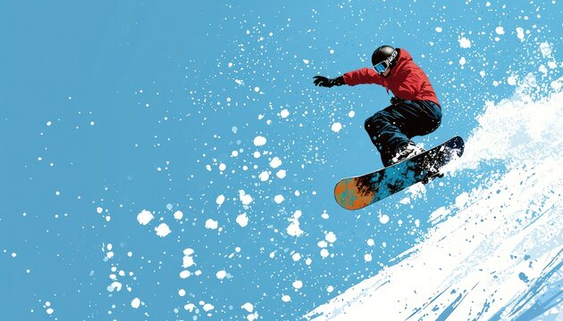 A snowboarder making a high-flying jump against a clear blue sky, embodying the thrill of extreme winter sports
