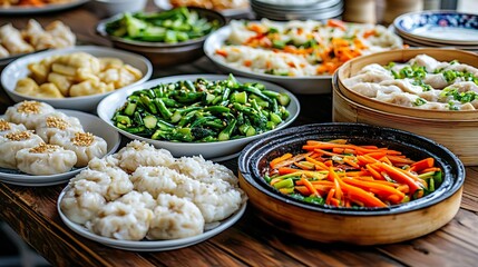 Fototapeta premium Rustic Brunch Buffet with Steamed Delights and Fresh Veggies, Buffet dinner food celebration party concept.