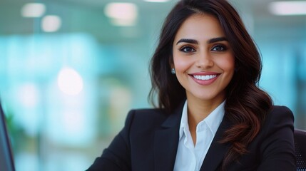 Obraz premium Cheerful Young Indian Businesswoman at Work, Young indian businesswoman using computer concept.