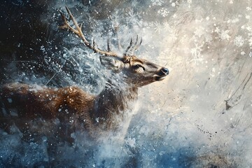 Obraz premium Majestic deer navigating through a snowy landscape in winter wilderness