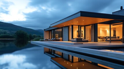 Fototapeta premium Modern luxury house with infinity pool at dusk, reflecting in calm water, mountains in background.