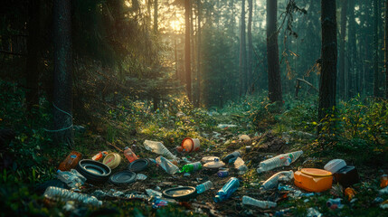 Lots of trash in the forest. Selective focus.