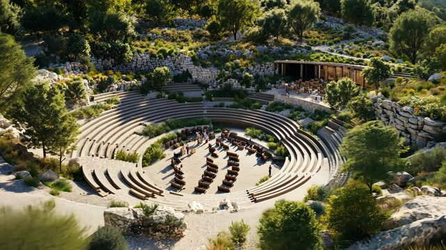 Amphitheater nestled in a hillside, surrounded by lush greenery.  A serene outdoor venue for performances and gatherings.