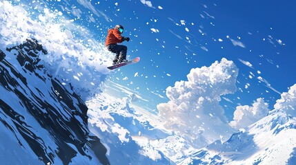 A snowboarder soaring through the air against the backdrop of a brilliant blue sky, snow flying all around them as they hit an impressive jump