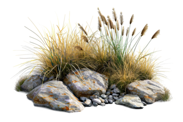 A rock composition with dry grass and rocks of different sizes. The rocks are scattered around the dried flowers grass, creating a natural and rustic look.