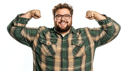 Naklejka premium Happy Plus-Size Man Flexing Muscles, Studio Shot