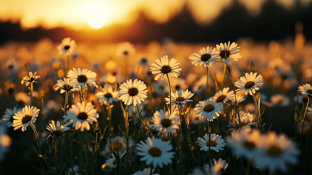 Golden hour bloom: sunlit daisies swaying gracefully in evening breeze