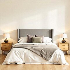a bedroom with a bed and a beig,white,grey green headboard 
