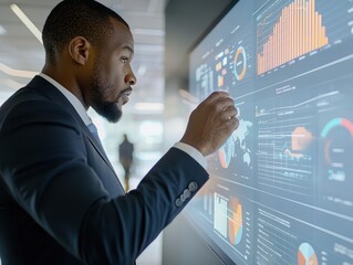 Business leader interacting with digital touch screen in a modern office. A businessman analyzing business charts and data visualizations, making strategic decisions with advanced tech tools.