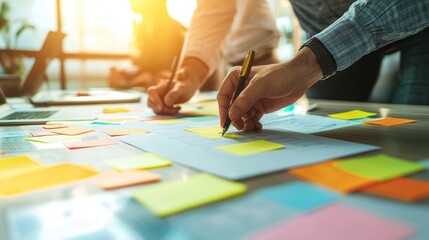 Fototapeta premium Business meeting focused on planning ideas for a new project. A team of professionals gathered in a modern office, using sticky notes and brainstorming to outline strategies and concepts.