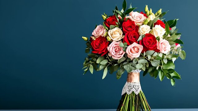 Elegant bouquet of red, pink, and white roses, ideal for Valentine's Day and weddings