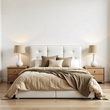 a bedroom with a bed and a beig,white,grey green headboard 
