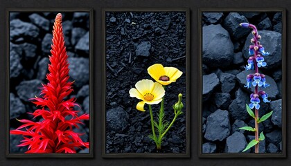 Triptych depicting rare flowers seen in volcanic landscapes, with bold contrasts and unique forms, The panel should feature the fiery-red Hawaiian silvers word against a dark rocky background.