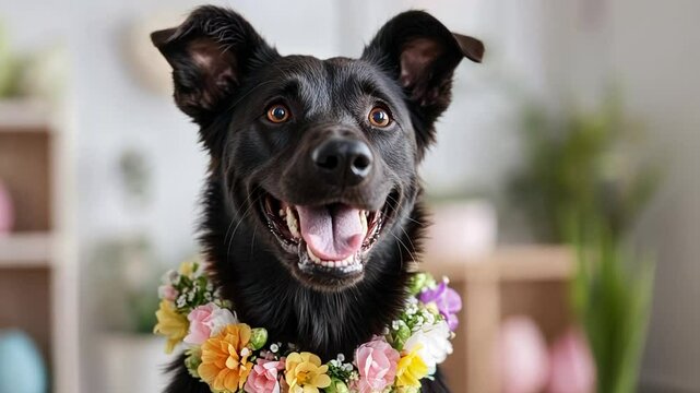A cheerful black dog wearing a floral garland, perfect for spring celebrations or Easter imagery