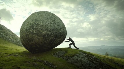 Businessman pushing a large stone up a hill. A metaphor for overcoming tough challenges in business, as an individual strives to reach success despite difficult obstacles.