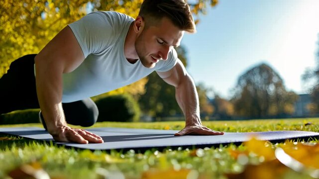 Energetic outdoor pushup routine amidst autumn leaves in park