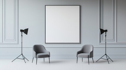 Modern Studio Space with Neutral Colors and Equipment, Empty studio with photography lighting concept.