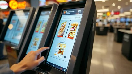 Person ordering fast food with touchscreen kiosk in modern restaurant environment