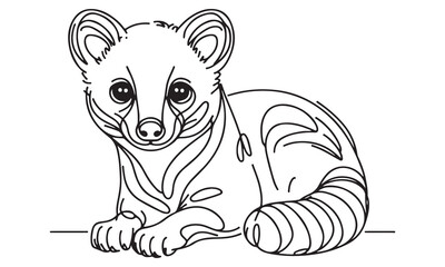 Line Art Illustration of an Adorable Kinkajou Cub, Sitting, Black and White Coloring Page