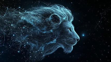 A celestial lion representing Leo, with its mane made of roaring fire and constellations in the starry background