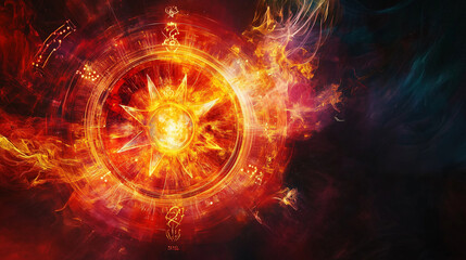 An artistic zodiac wheel with Aries, Leo, and Sagittarius glowing brightly in fiery reds, oranges, and yellows