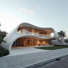Fototapeta premium the house of the future is made of white plastic and has a glass door that opens to the outside.