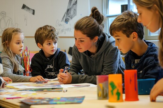 Children learning with their teacher in an elementary school workshop. A group of young students actively engaging in a workshop session with their teacher, developing new skills and knowledge.