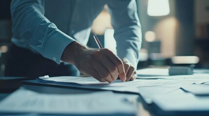 Close-up of business professionals working with important documents. A team engaged in a discussion, reviewing crucial reports, contracts, and plans in a modern office.