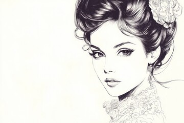 Elegant woman, dark hair, floral adornment.