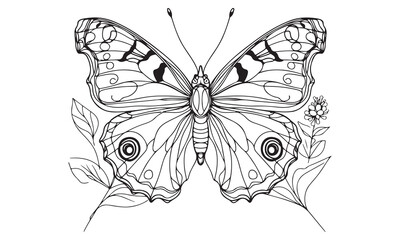 Intricate Line Art of a Peacock Butterfly Amidst Floral Accents: A Coloring Page Design