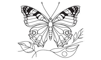 Intricate Line Art Coloring Page Featuring a Peacock Butterfly Resting on Delicate Leaves