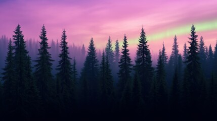 Majestic forest at twilight with vibrant purple sky