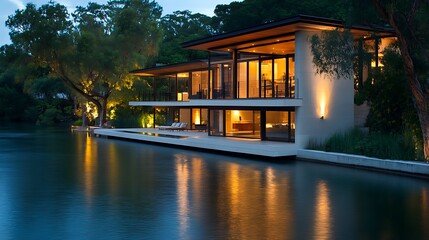 Obraz premium Modern waterfront house at dusk, illuminated windows reflect on calm water.